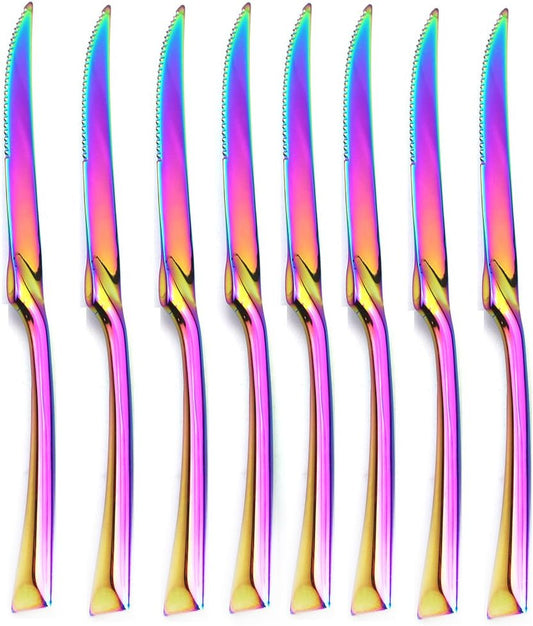 JASHII 18/10 Stainless Steel 8 Piece Mirror Polished Rainbow Serrated Steak Knife Colorful Serving Black Utensil Set