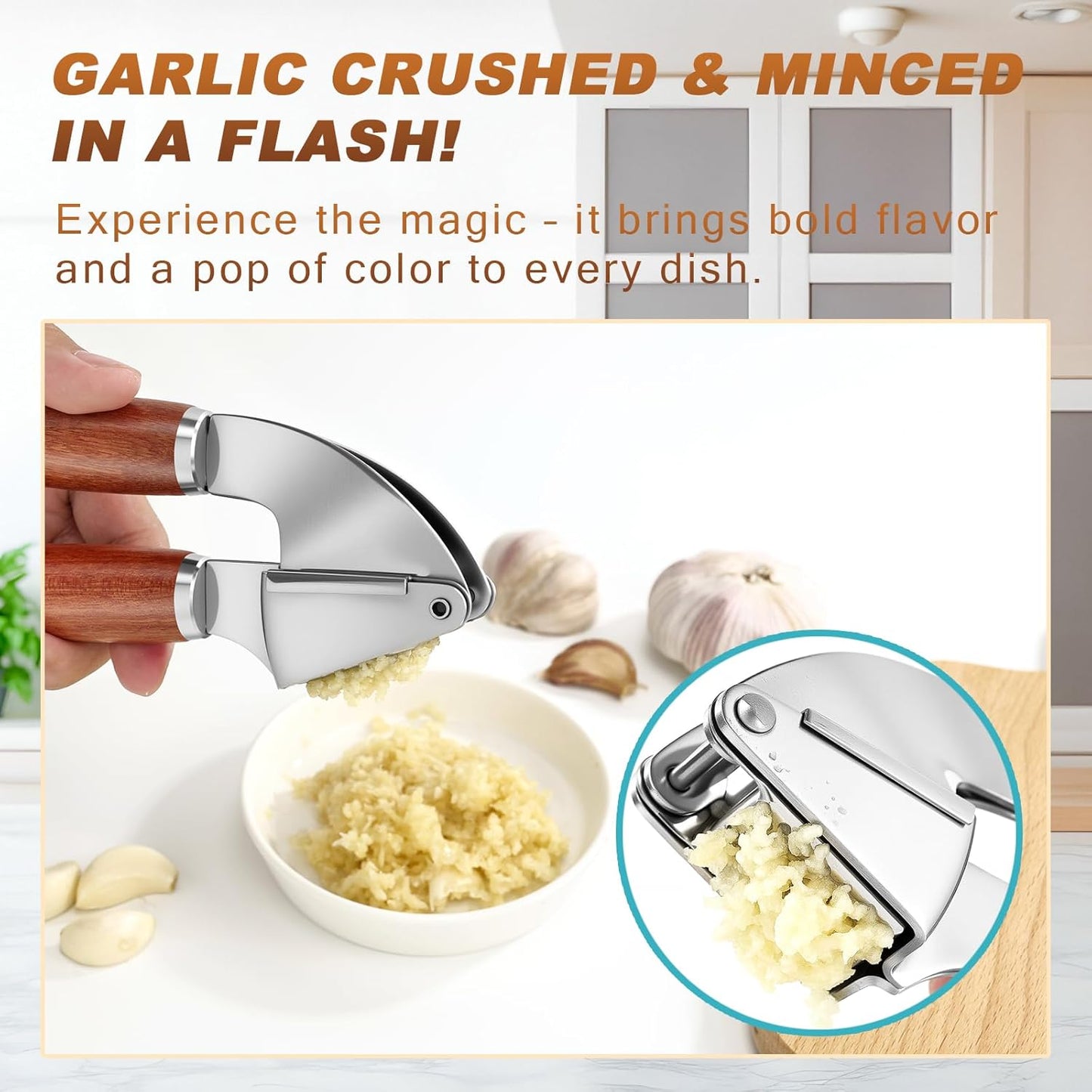 KULUNER Professional Garlic Press,Durable Garlic Clove Peeler Set That Requires No Peeling Garlic Mincer Presses Fine Garlic Paste,Upgraded Solid Wood Handle for a Comfortable Grip