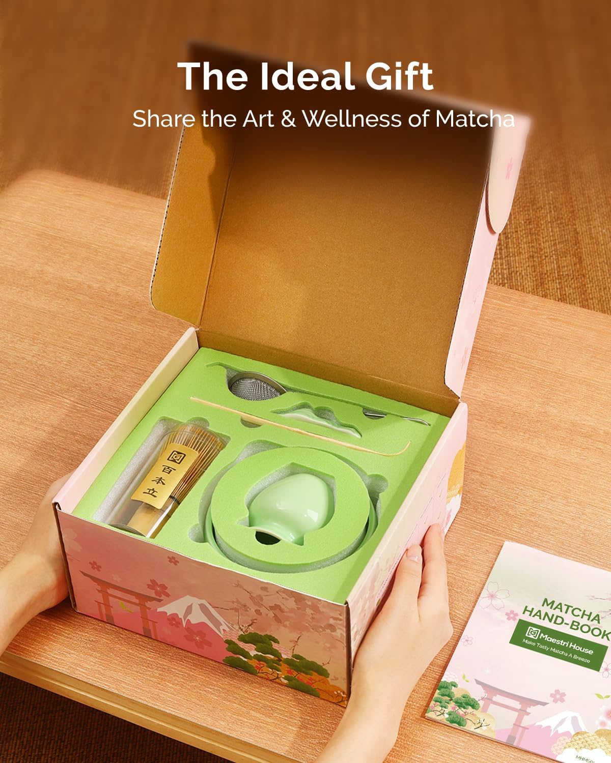 Maestri House 7 Pcs Matcha Whisk Set, Ceramic Tea Kit with Spouted Bowl, Whisk & Holder, Bamboo Scoop, Scoop Rest, Sifter & Cloth – Complete Japanese Tea Gift Set for Beginners & Tea Lovers (Green)