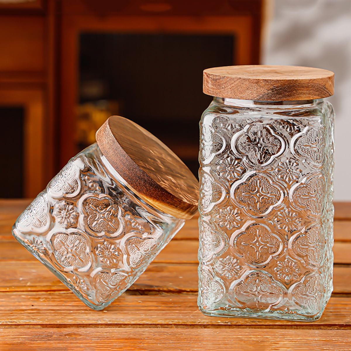 ANSQU Vintage Glass Storage Jar, Glass Canister Storage Jar Container with Airtight Wooden Lid for Kitchen Counter, Pantry, Coffee, Tea, Sugar, Cookie Jars (Square-Begonia)