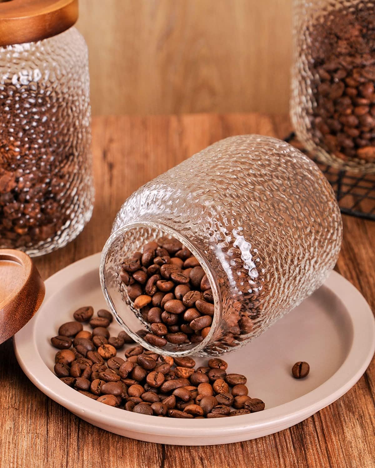 WHJY Glass Storage Container with Lid, Airtight Glass Jars, Farmhouse Tea Canister, Dog Treat Jar for Pet, Irregularity Texture Glass Candy Cookies Coffee Canister Jar Bath salt Container - 24oz