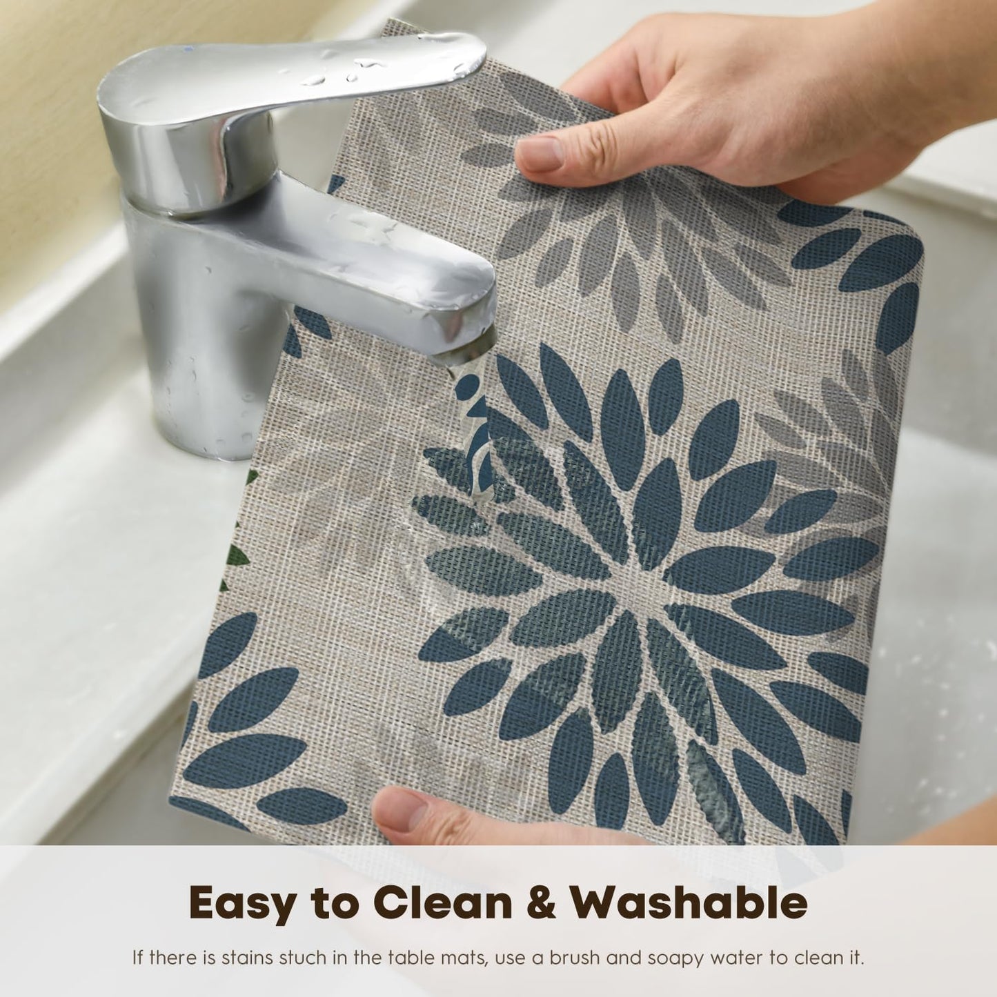 Artoid Mode Floral Vinyl Placemats Set of 4, Heat Resistant Washable Non-Slip Plastic PVC Place Mats for Party Kitchen Dining Decor, Blue Grey