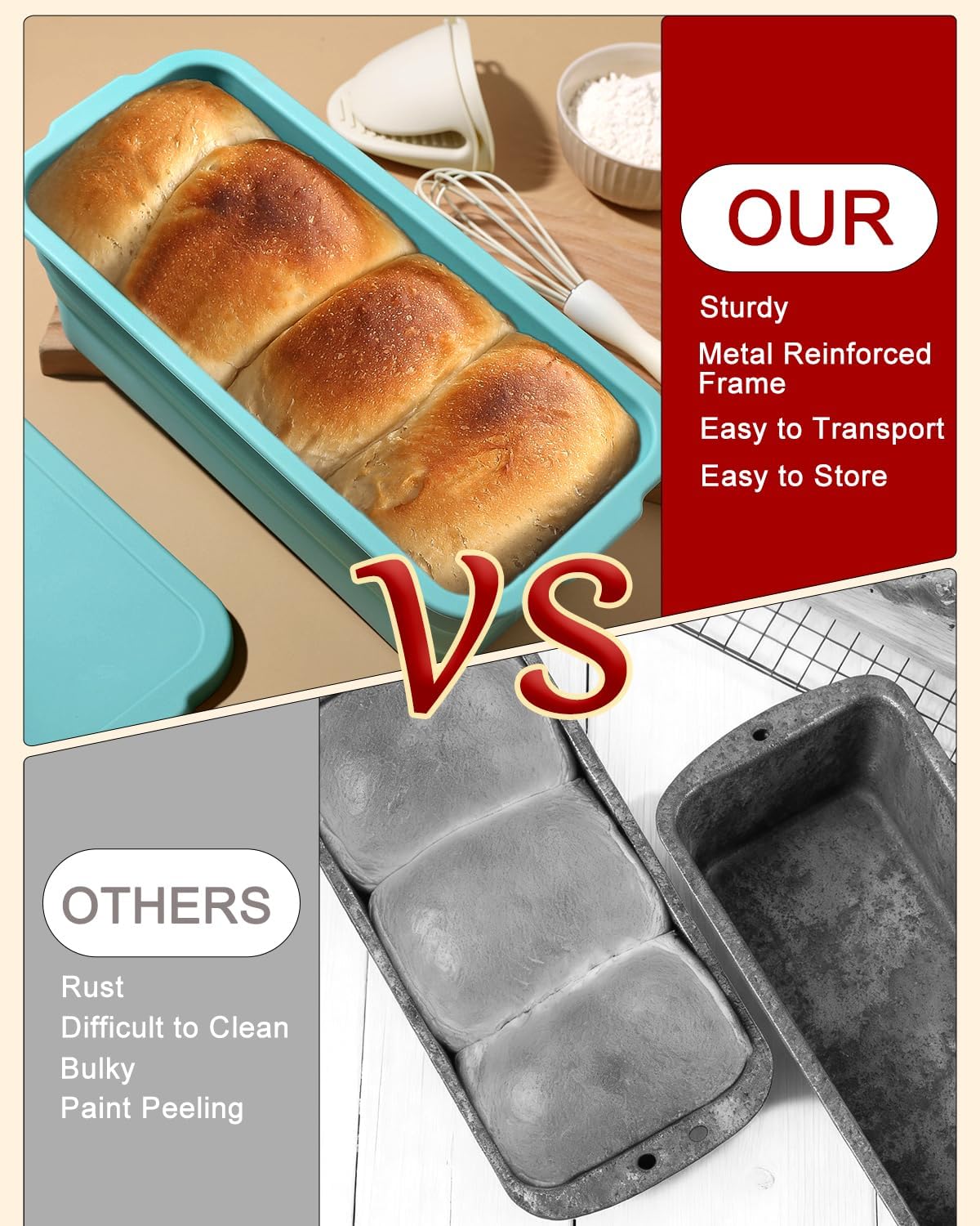 Large size foldable silicone bread loaf pan with lid,11x4.7 Inch easy to store non stick Bread Baking Pans,Sourdough Bread Pan with Baking Tool Supplies Kit for Homemade Bread, Cake