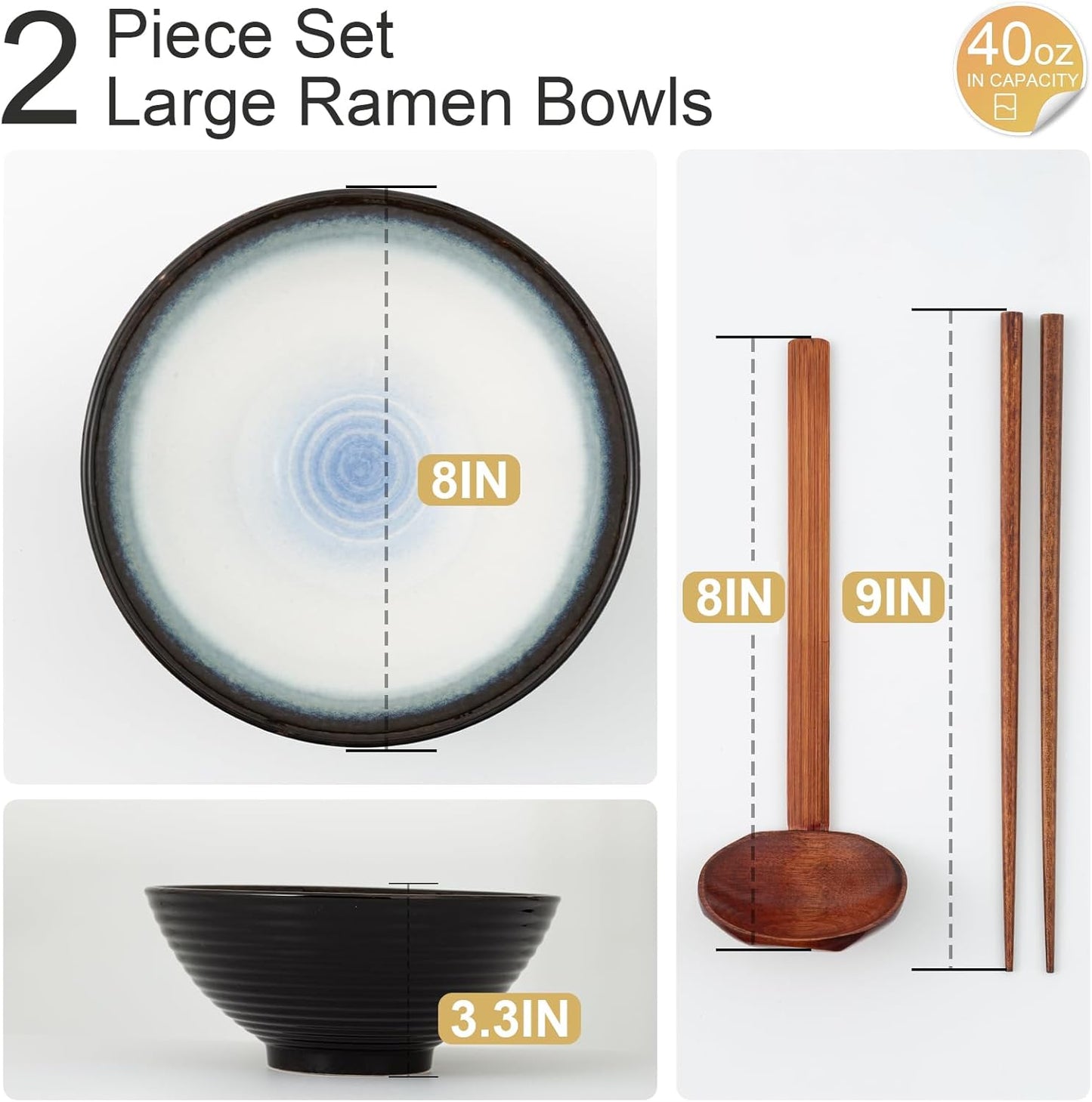 8 Inch Ceramic Ramen Bowl Set of 2, 40oz Japanese Bowls with Spoons & Chopsticks,Durable,Microwave & Dishwasher Safe,Perfect for Ramen,Pho,Salad,Soup,Noodles，Mixing bowls（Midnight）