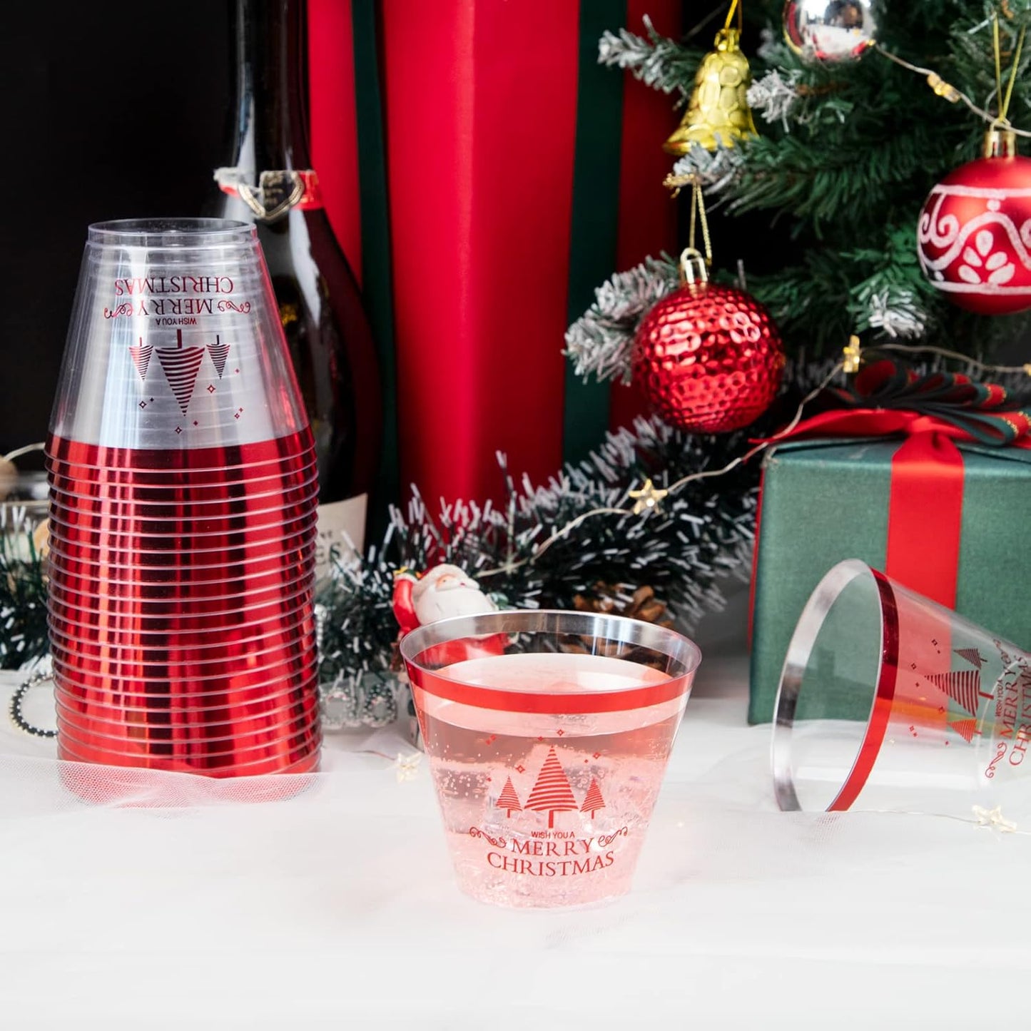 I00000 100PCS Christmas Red Plastic Cups Christmas Disposable Cups 9 Oz Plastic Holiday Cups Wine Glasses Red Rim Clear Cocktail Tumblers Drinking Glasses for Parties