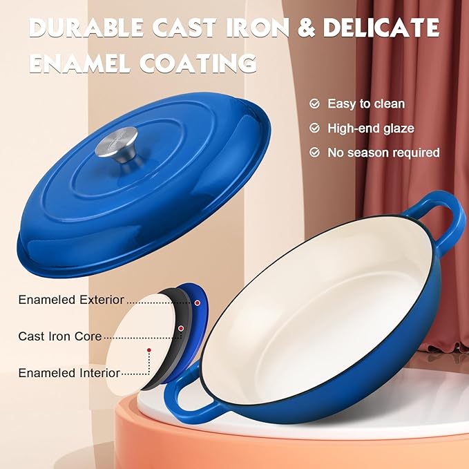 Overmont Enameled Cast Iron Dutch Oven - 3.8 Quart Dutch Oven Pot with Lid - Shallow Cookware Braising Pan - Cast iron Casserole with Cookbook & Heat-resistant Caps - Oven Safe up to 500° F
