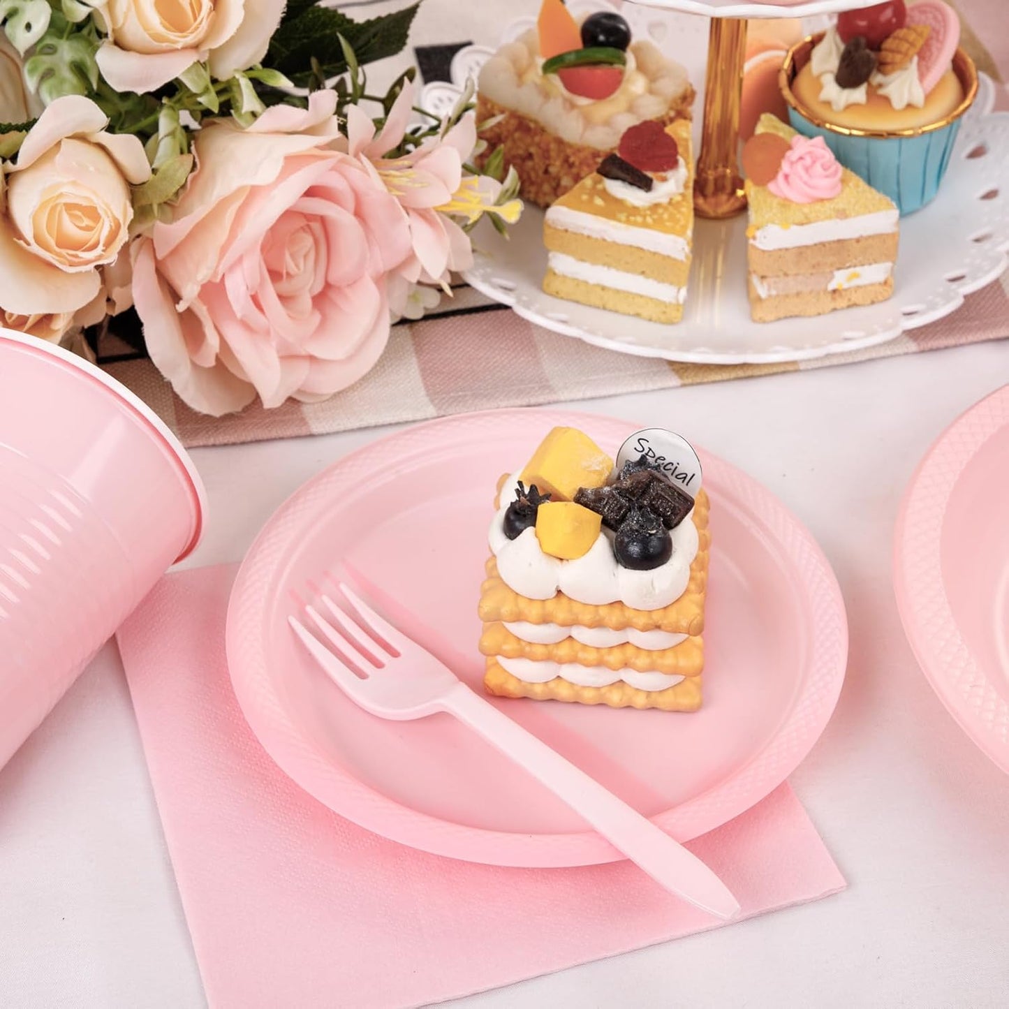 MirthMood 350pcs Pink Party Supplies Set, Disposable Plates Including Pink Plastic Plates, 12OZ Cups, Plastic Cutlery and Paper Napkins Serve 50 Guests for Wedding & Birthday & Party