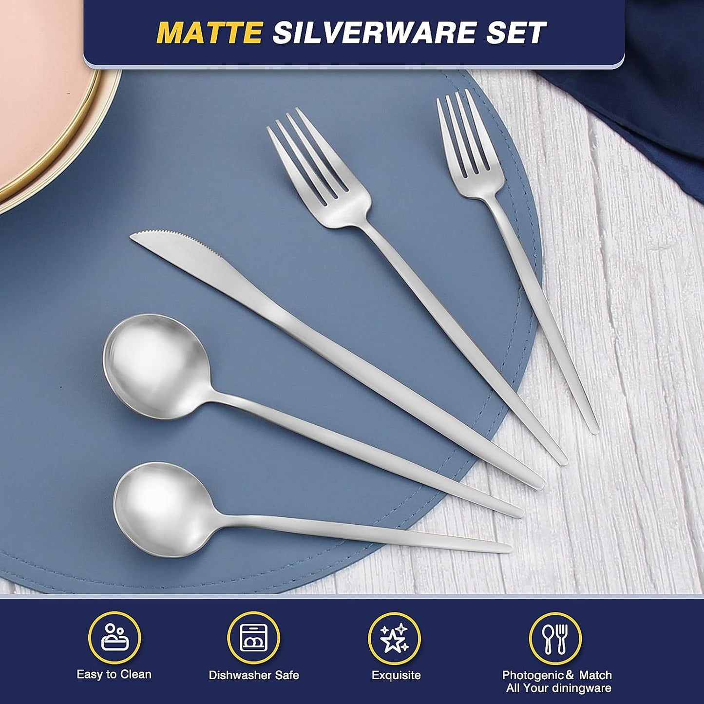 40 Pieces Silverware Set，Matte Stainless Steel Flatware Cutlery Set Service for 8, Stain Finish Kitchen Utensil Set，Include Dinner Knives Forks and Spoons Silverware, Dishwasher Safe