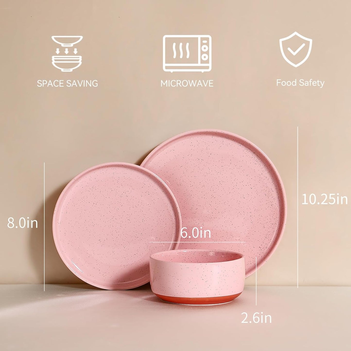 GZG Modern Art Series - 24 Pcs Speckled Stoneware Plates and Bowls Sets, Ceramic Dinnerware Set with Rustic Terracotta Underside, Microwave and Dishwasher Safe Handcrafted Dishes Set - Blush Pink