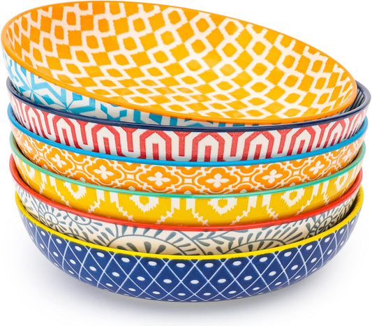 KitchenTour Pasta Bowls 26 Ounce, 8 inch Porcelain Ceramic Soup Dinner Salad Serving Bowls Set of 6, Dishwasher and Microwave Safe, Assorted Colors