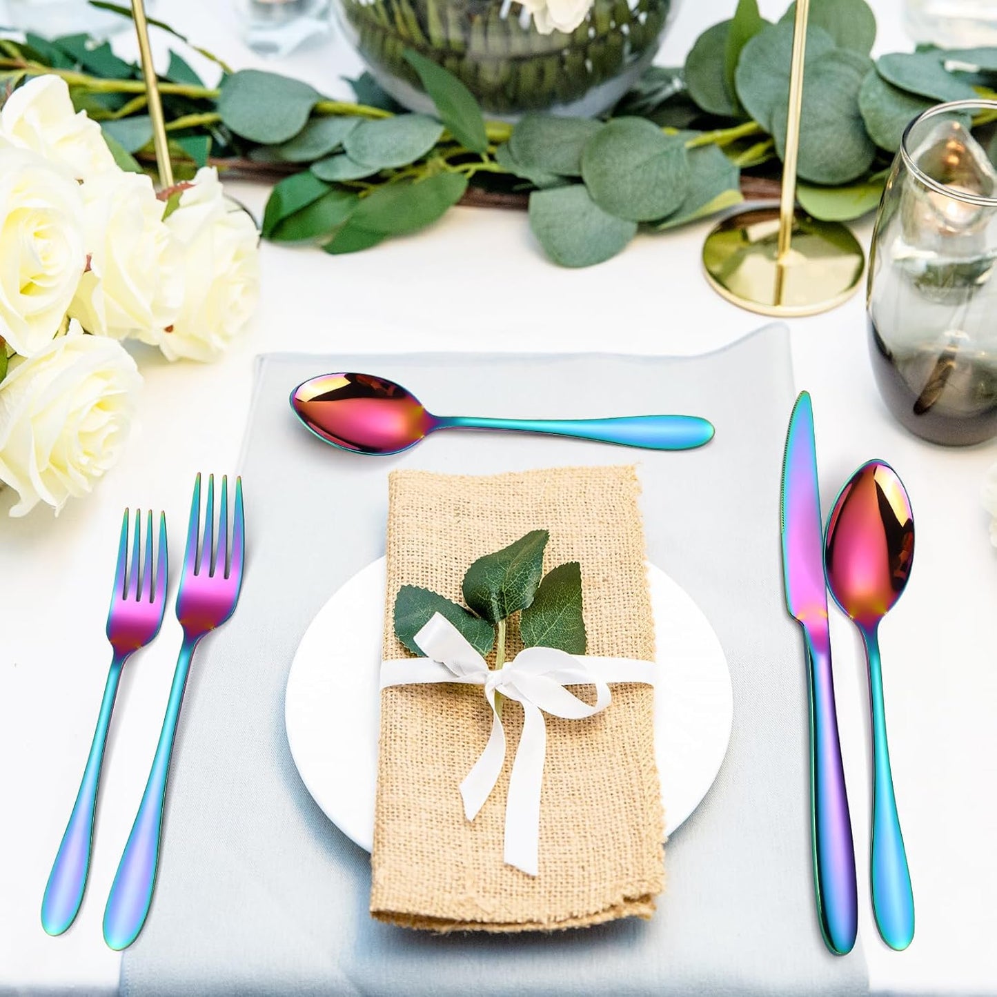 Iridescent Silverware Set Rainbow Flatware Service for 8 Stainless Steel Cutlery 40 Pieces Heavy Forks and Spoons Knives for Wedding Parties Resturant Everyday Use