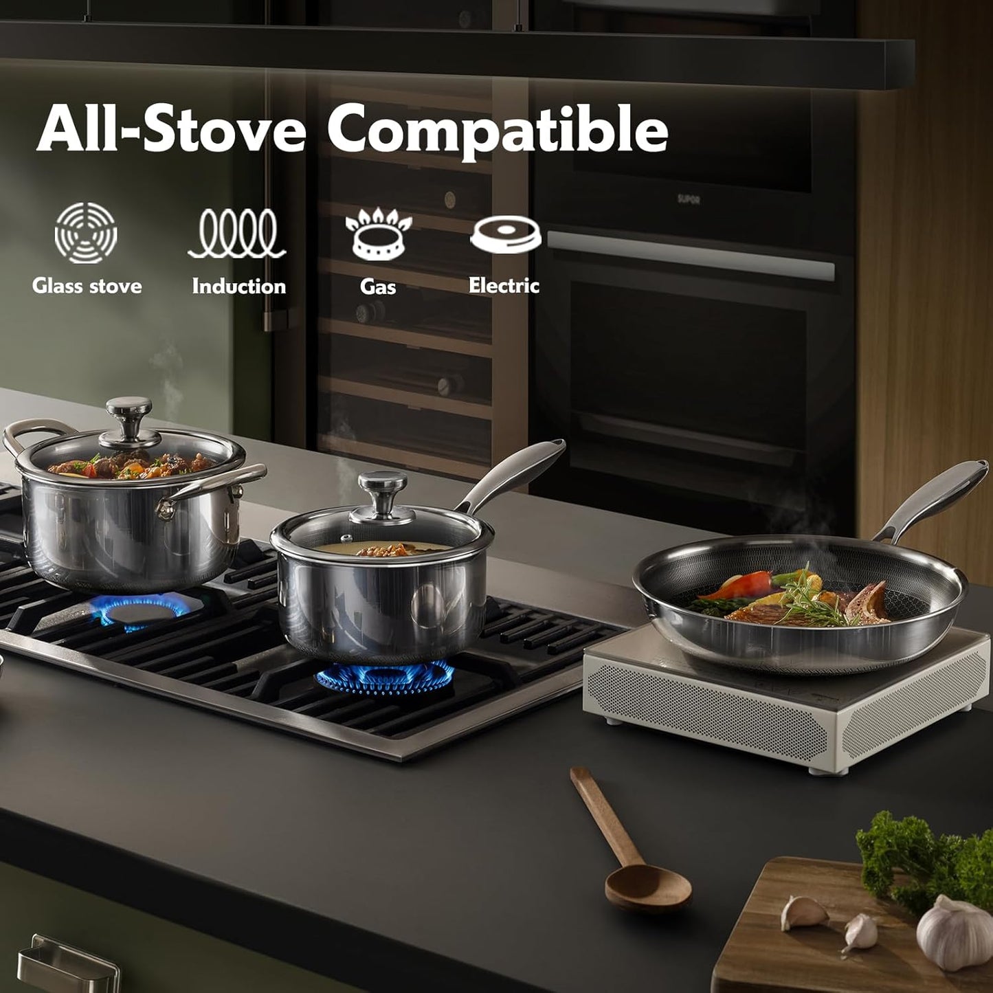 Non Stick Pots and Pan Set, 10 Pcs Hybrid Stainless Steel Cookware Set with Lids, Kitchen Skillet, Stock Pot, Nonstick Frying Pan, PFOA-free Kitchen Cooking Utensils,Induction,Dishwasher Safe