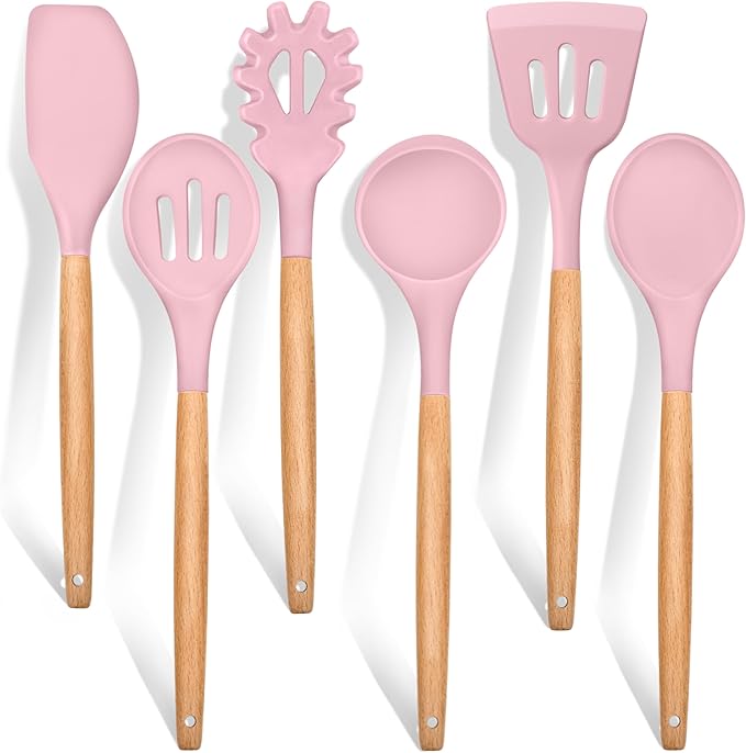 E-far Cooking Utensils Set of 6, Silicone Kitchen Utensils with Wooden Handle, Non-stick Cookware Friendly & Heat Resistant, Includes Spatula/Ladle/Slotted Turner/Serving Spoon/Spaghetti Server(Pink)