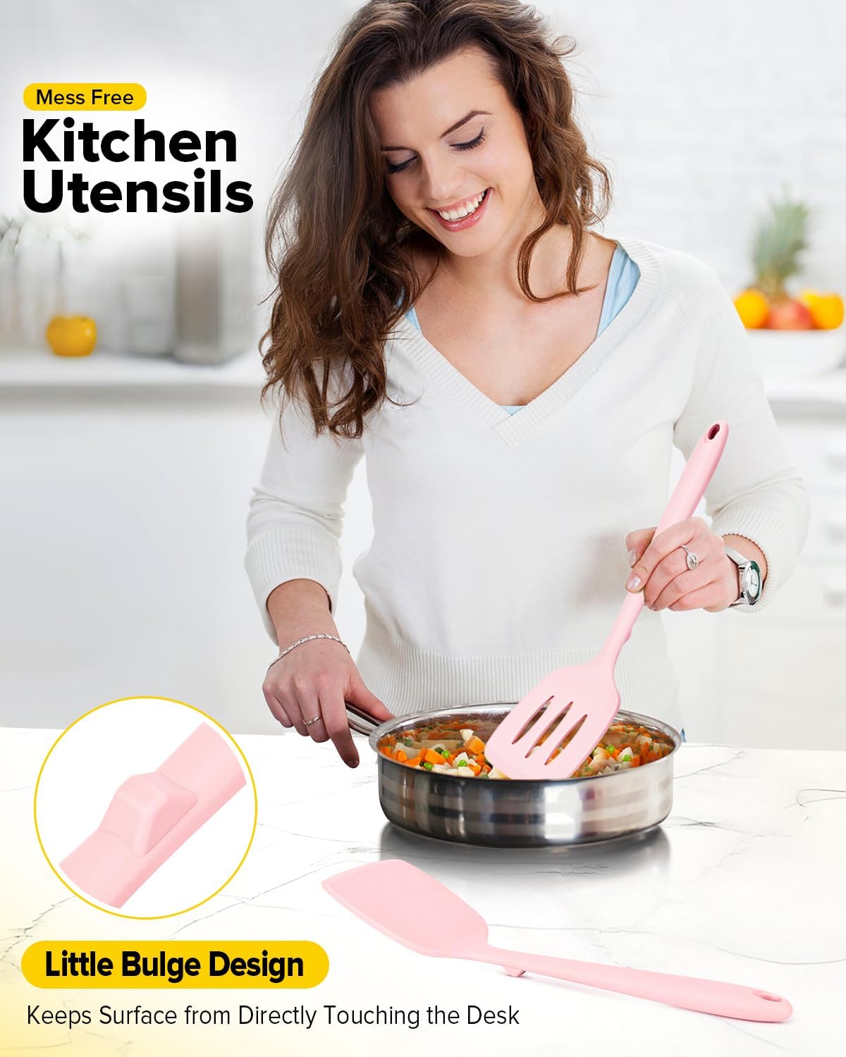 Pack of 2 Silicone Spatula Turners, Non Stick Slotted Kitchen Spatula Set, Heat Resistant BPA Free Kitchen Utensils, One-Piece Design, Suitable for Flipping Fish, Eggs, Steak, Pancakes (PINK)