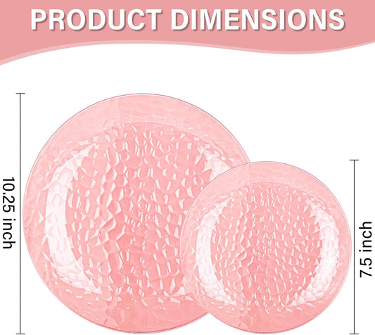 Rubtlamp 100 Pcs Clear Pink Plastic Plates Dinnerware Set, Hammered Plastic Pink Plates Set,Clear Disposable Party plates Include 50 Dinner Platos,50 Dessert Platos