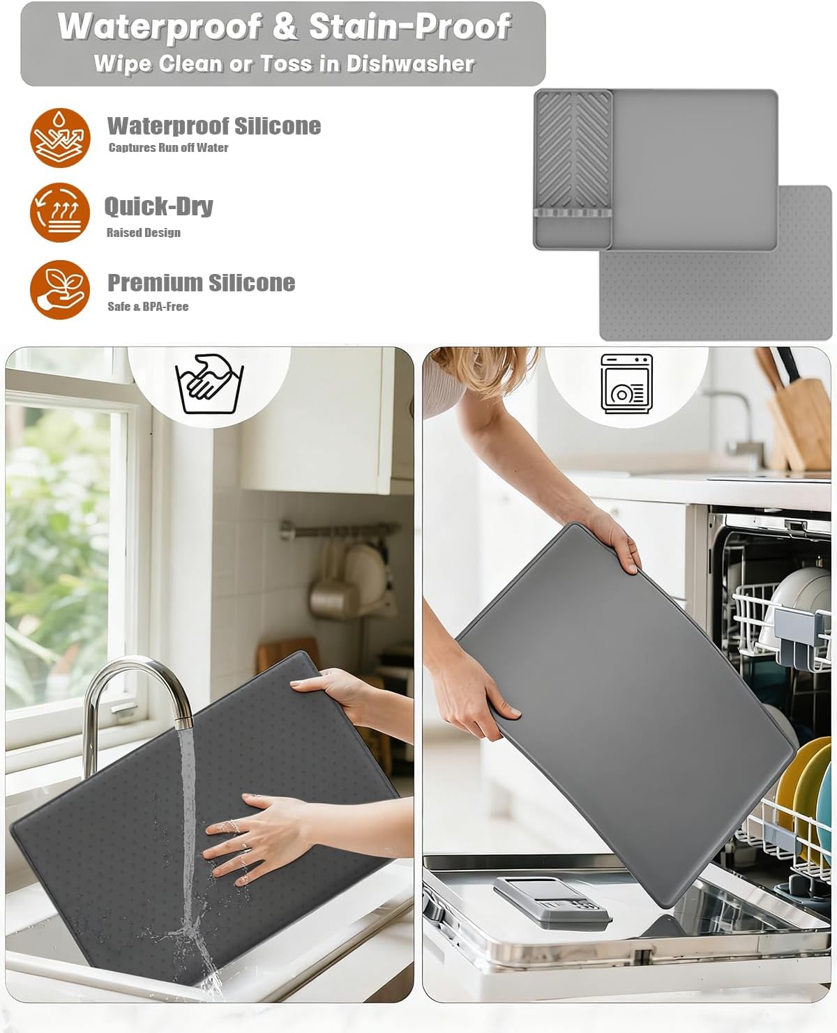 Non-Slip Protective Mat for Ninja Luxe ES601 & ES701 Espresso Machines, Heat-Resistant Rubber-Backed Dish Drying Rack Pad, Super Absorbent Stain-Masking Kitchen Sink Mat, Easy Clean Dark Gray