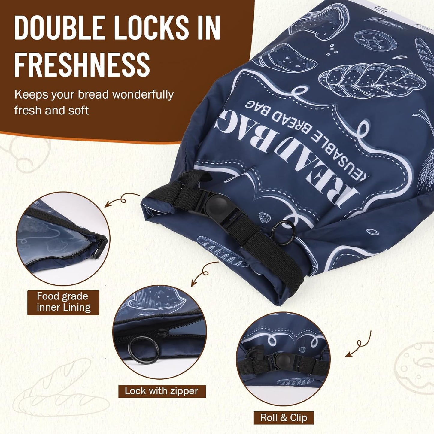 Bread Bags, 2 Packs Bread Bags to Keep Fresh, Reusable Zipper for Homemade Loaf, Freezer Storage Bag, Container, Fresh Keeping Extra Large Food Bag (White)