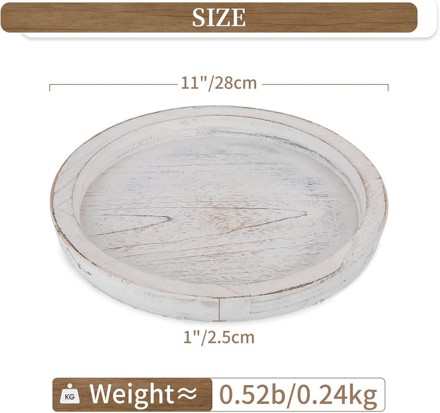 Hanobe Rustic Wooden Serving Tray: Round Wood Decorative Tray Rustic White Centerpiece Candle Holder Trays Farmhouse Ottoman Tray for Decor Kitchen Counter Home Decor for Coffee Table