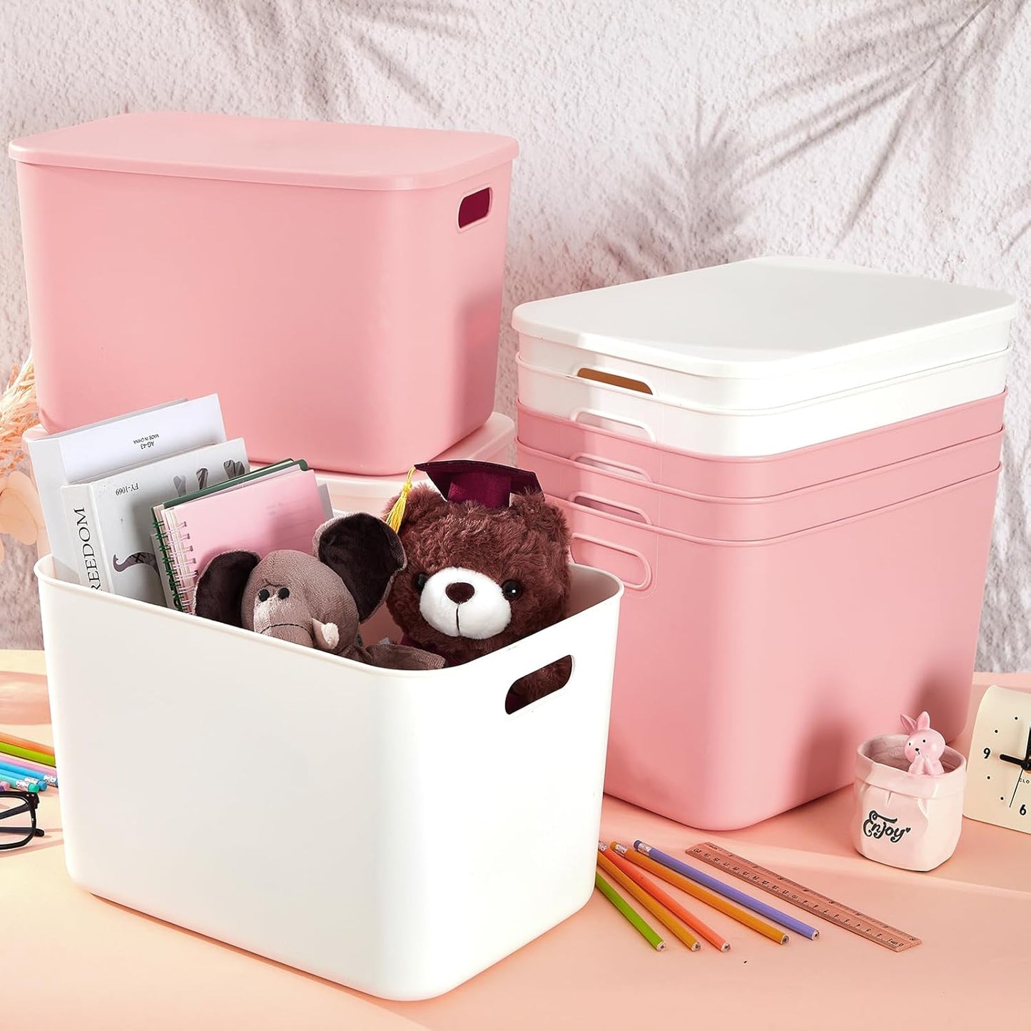 Hoolerry 8 Pieces Colorful Storage Bins with Lid, Plastic Storage Basket Organizing Container Stackable Box with Handle for Shelves Desktop Playroom Office(9.8 x 7.1 x 6.3 Inch,White and Pink)