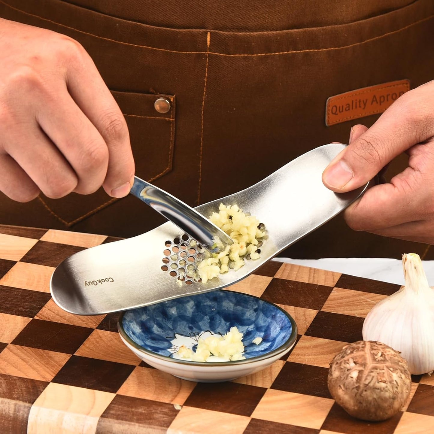 Cook Guy 304 Stainless Steel Garlic Press Rocker Set - Premium All-Steel Garlic Mincer, Crusher, Peeler, and Scraper Tool for Effortless Mincing –Dual-Handle Garlic Grinder(B0201)