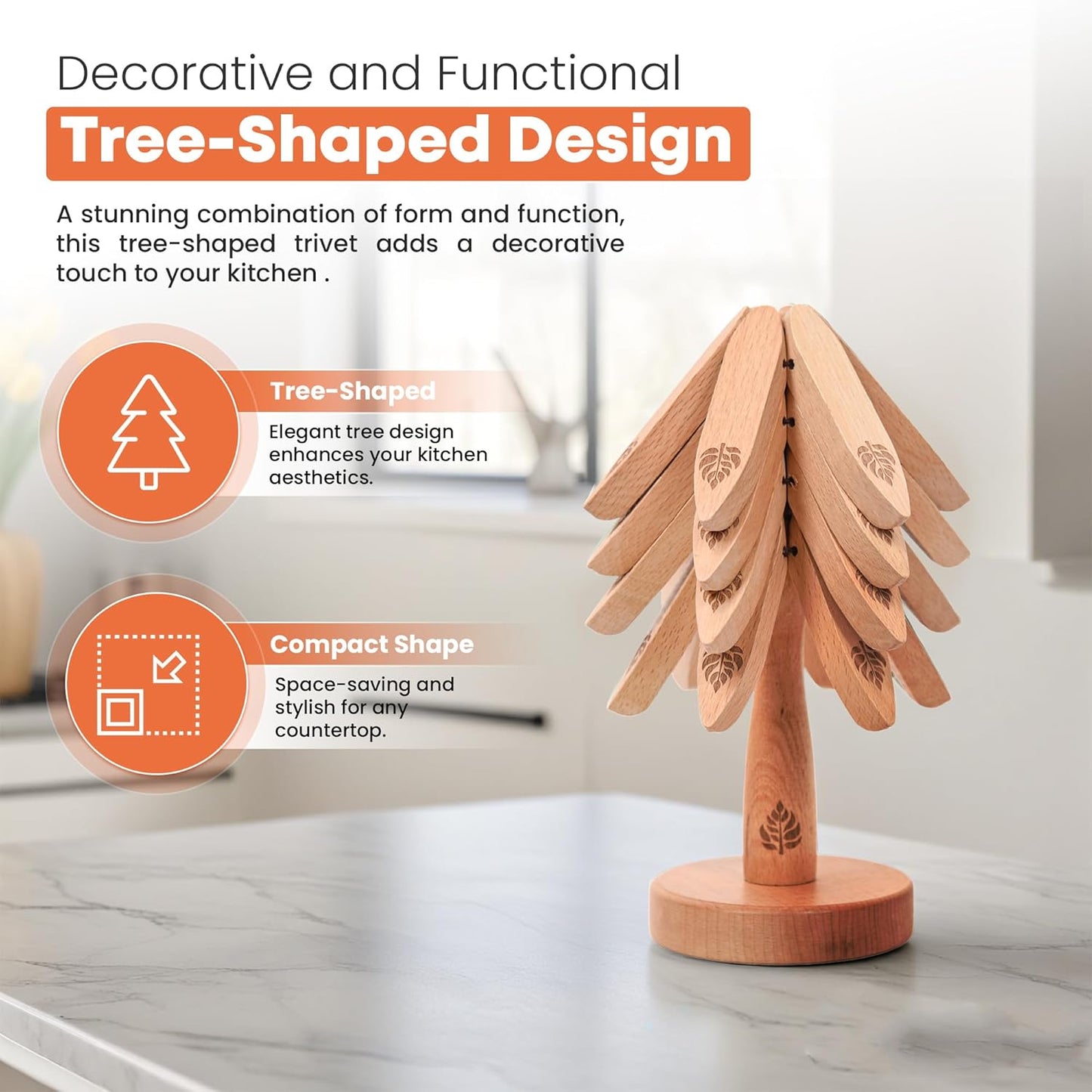 Expandable Wooden Trivets & Coaster Set for Hot Dishes Tree-Shaped Trivet Set – 4 Expanding Trivets + 1 Stand – Heat-Resistant Kitchen Decor for Pots, Bowls, Coffee & Teapots (Beech Wood)