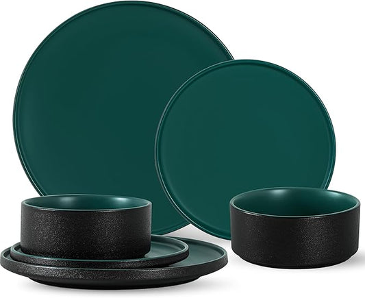 6 Piece Ceramic Dinnerware Set for 2, Modern Minimalist Stoneware Dinner Plates and Bowls, Microwave Safe, Dishwasher Safe, Versatile for All Seasons, Matte Green