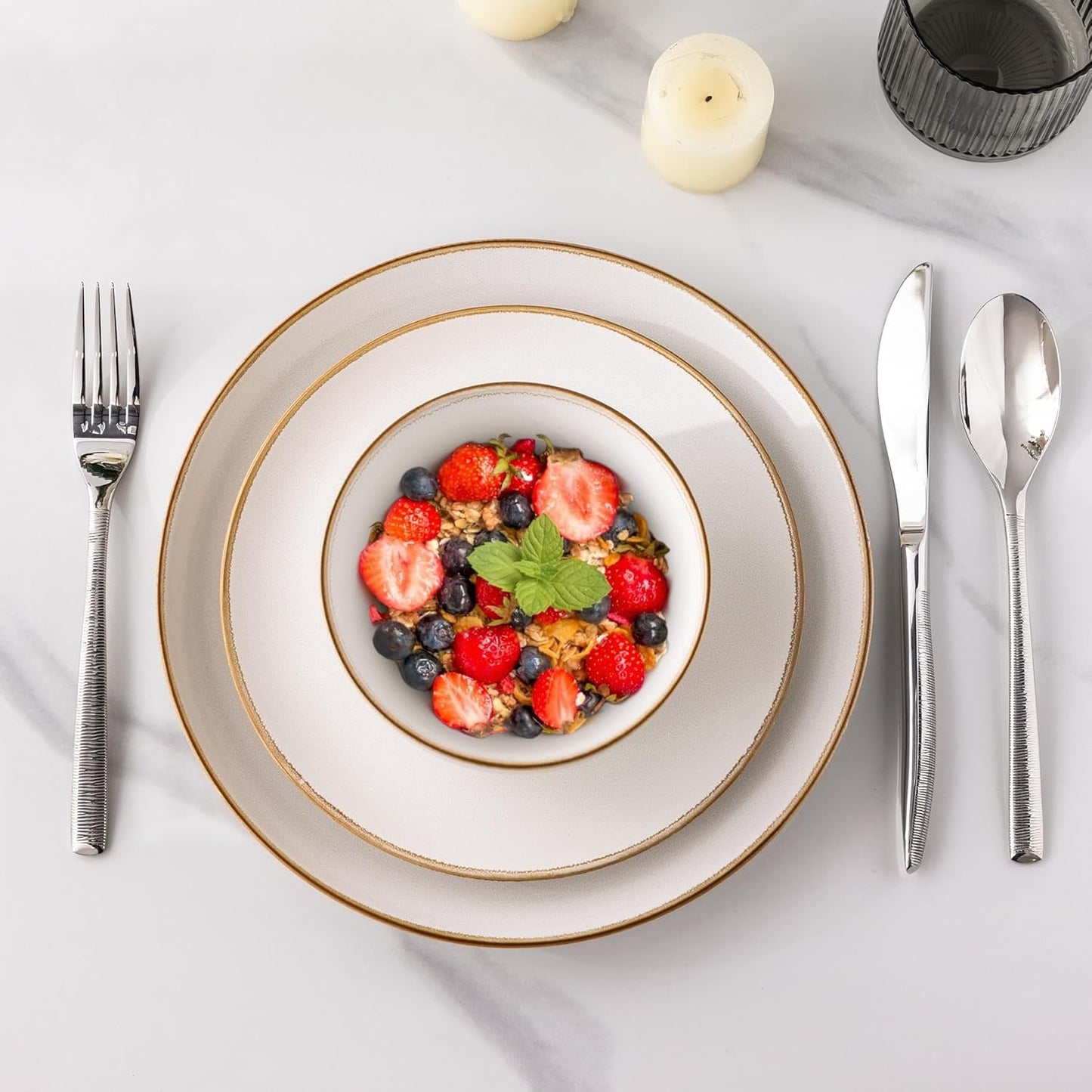 GBHOME Ceramic Dinnerware Sets for 4, 12 Pieces Stoneware Plates and Bowls Sets, Reactive Glaze Dishes -Scratch Resistant, Dishwasher&Microwave Safe，Pearl White