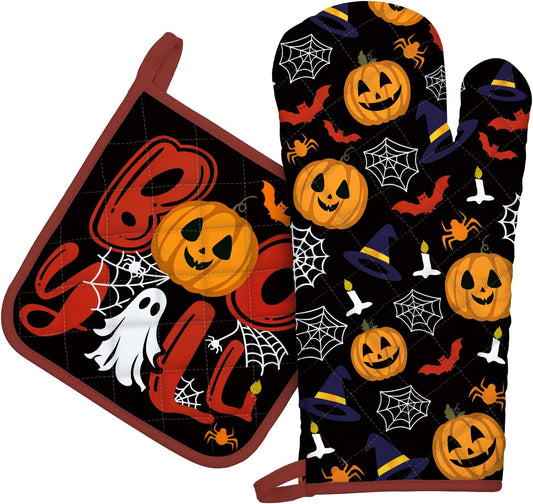 Halloween Pumpkin Oven Mitts and Pot Holders Sets 2Pcs, 100% Cotton Heat Resistant, Extra Long Oven Gloves Potholder for Kitchen Cooking Baking Decoration