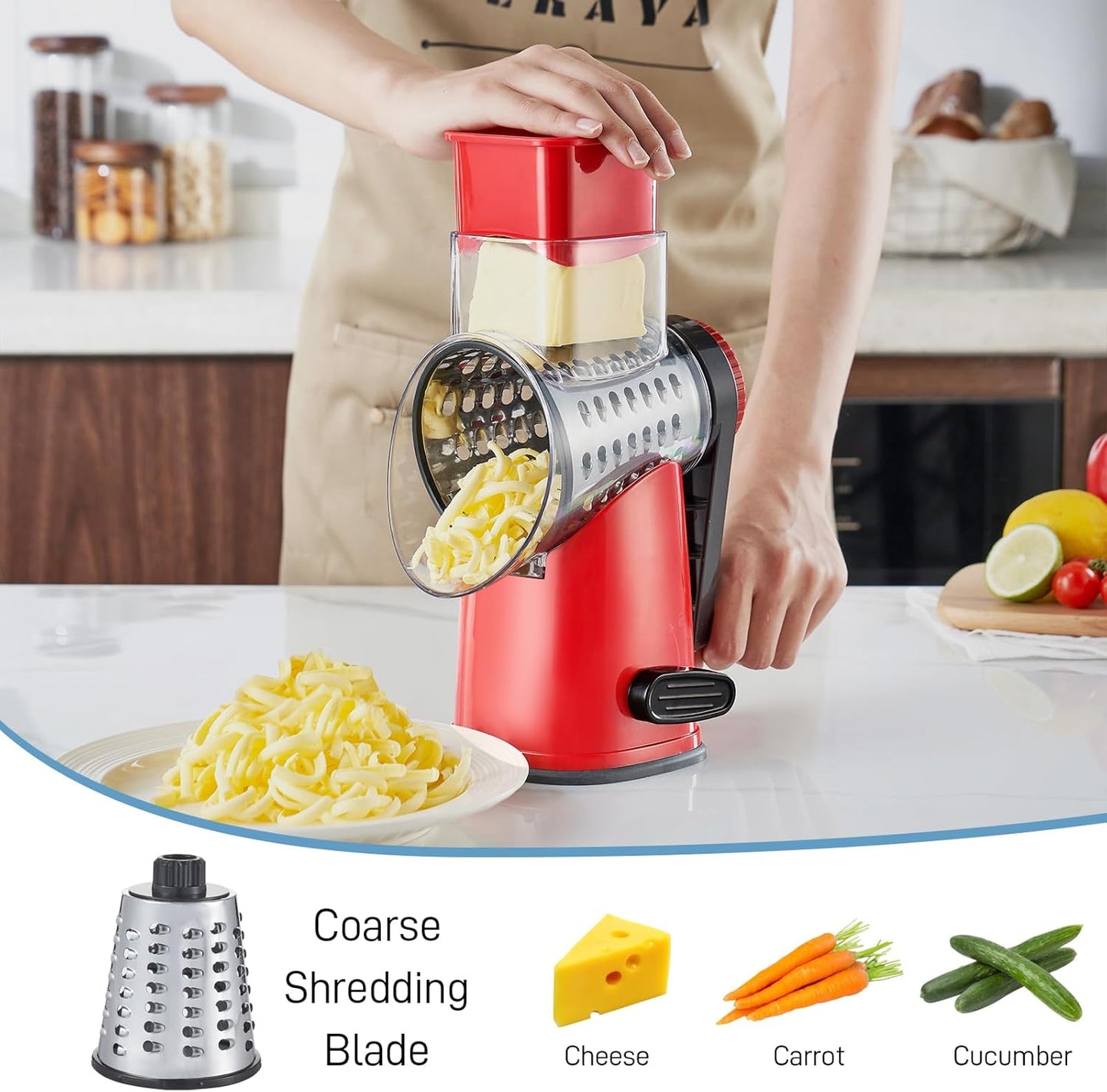 VEKAYA Cheese Grater, Cheese Grater Hand Crank, 4 Interchangeable Blades Cheese Shredder, Vegetable Slicer, Non-slip Suction Base, Easy to Clean Rotary Grater with Handle (Red)