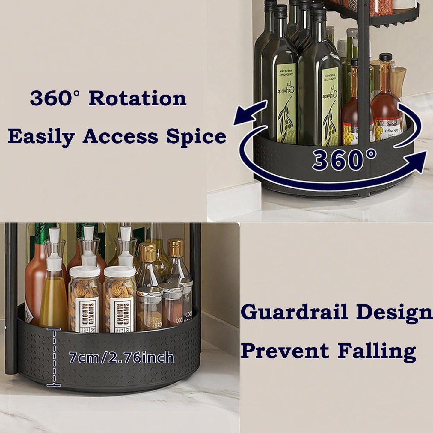 Lazy Susan Organizer, 360° Rotating Metal Spice Rack with Paper Towel Holder, Turntable Spice Holder for Condiments, Bottles, Jars, Suit for Kitchen Countertop & Cabinet, Black