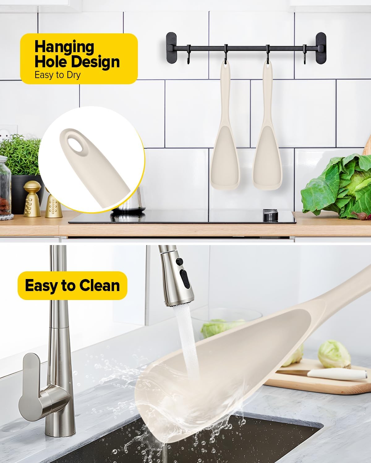 Pack of 2 Cooking Spoons for Non Stick Cookware, Multifunction Spatula Spoon BPA-Free, One-Piece Design, Suitable for Scooping, Scraping, Serving and Mixing (KHAKI-KHAKI)