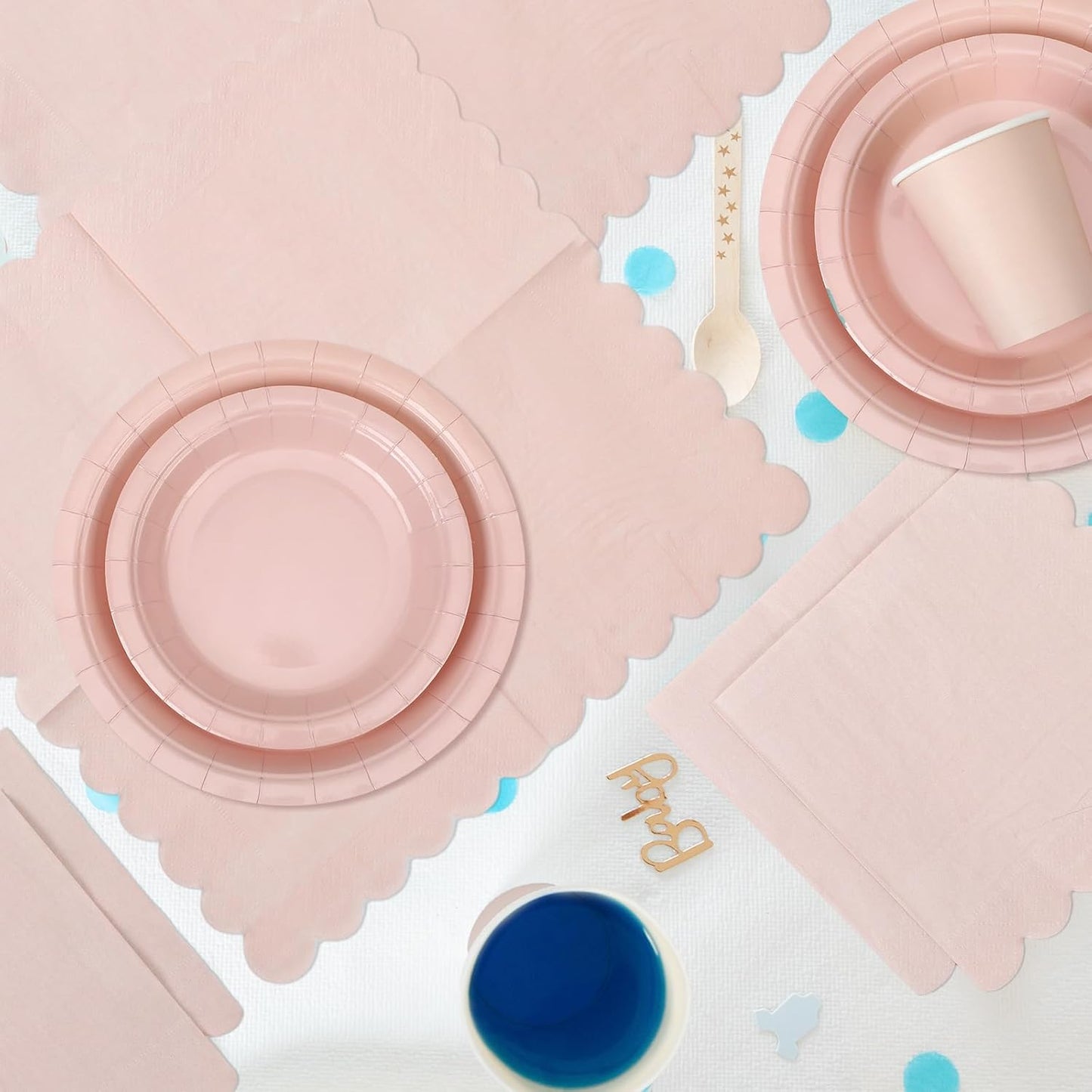 150 Pcs Disposable Party Dinnerware Supplies Set Includes 7'' 9'' Disposable Paper Plates 9oz Paper Cups Scalloped Cocktail Napkins for Baby Shower Birthday Wedding(Light Pink)