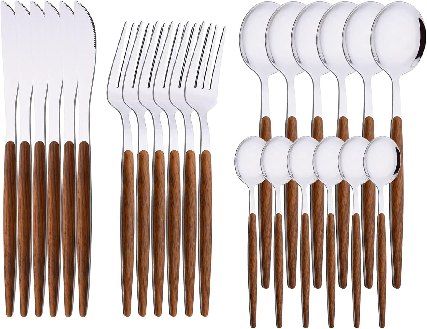 24-Piece Silverware Set for 6, Silver Mirror Polished Stainless Steel Flatware Set, Wooden Effect Handle Utensil Set for Home Hotel Restaurant, Family Cutlery Set Include Knife Fork Spoon