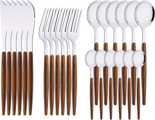 24-Piece Silverware Set for 6, Silver Mirror Polished Stainless Steel Flatware Set, Wooden Effect Handle Utensil Set for Home Hotel Restaurant, Family Cutlery Set Include Knife Fork Spoon
