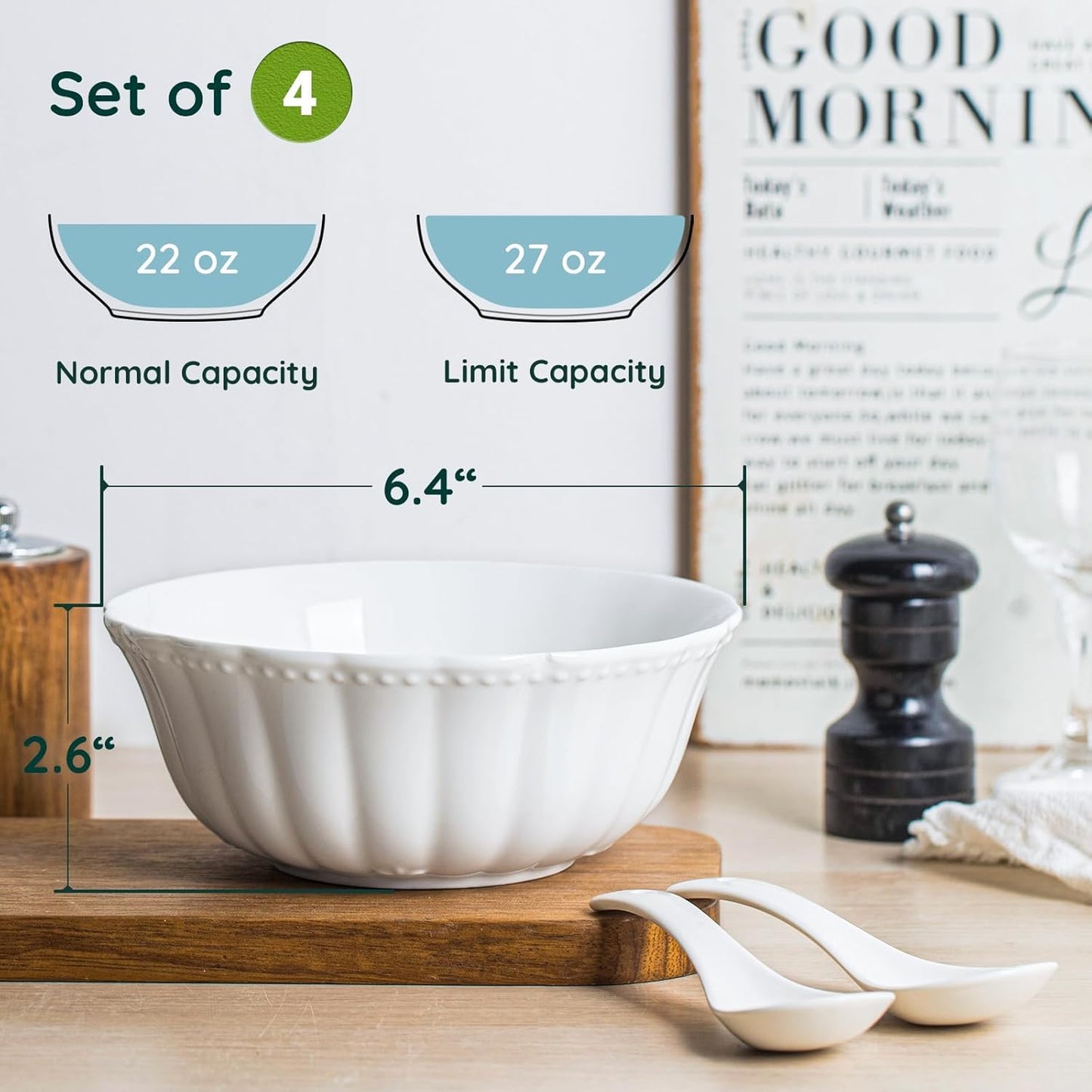 Ceramic Soup Serving Bowls for Kitchen, 6.4 Inch, Set of 4, Cereal Bowl Porcelain, Oven & Microwave Safe, White