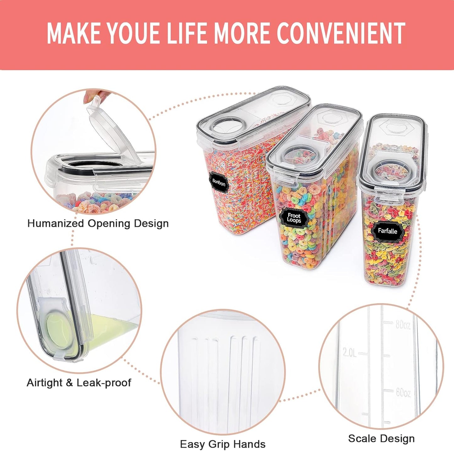 PRAKI Cereal Containers Storage Set (4L,135.2 Oz), 8PCS Airtight Food Storage Containers with Lids for Kitchen & Pantry Organizers and Storage, Cereal Dispensers with 20 labels, Measuring Cup & Marker