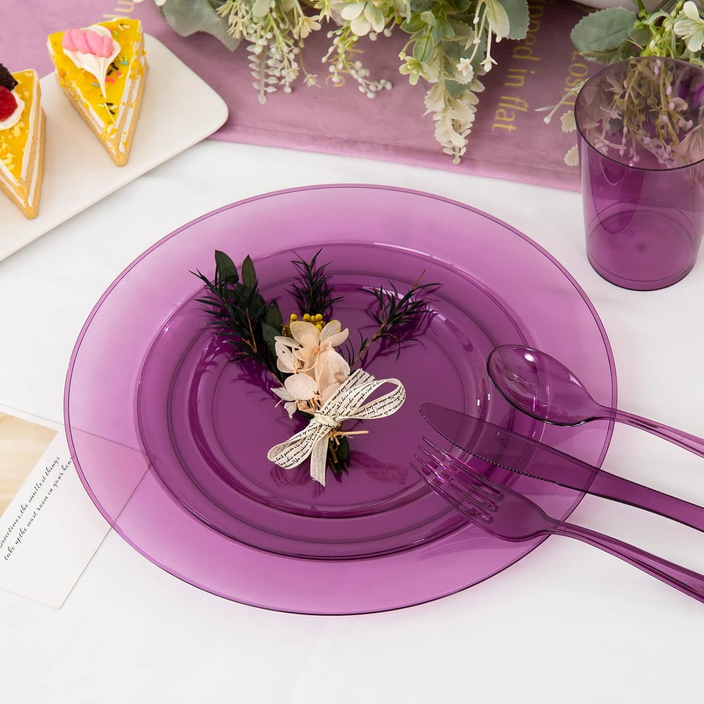 WDF 25 Guest Purple Plastic Plates with Disposable Silverware & Plastic Cups include 25 Neon Clear Purple Dinner & Salad Plates,25Forks, 25Knives,25 Spoons,25Cups for Party