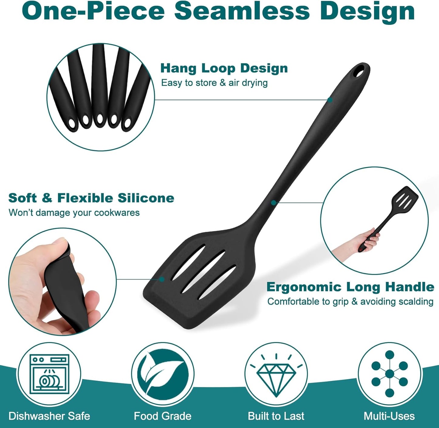 TeamFar Silicone Cooking Utensil Set of 7, Black Kitchen Nonstick Tools Turner Spoon Spatula Ladle Pasta Server for Nonstick Cookware, Healthy & One-Piece, Anti-Heat & Dishwasher Safe