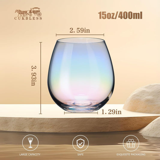 CUKBLESS Stemless Wine Glasses Set of 6, Iridescent Wine Glass for Red or White Wine, 15 oz, for Birthdays,weddings,Anniversaries