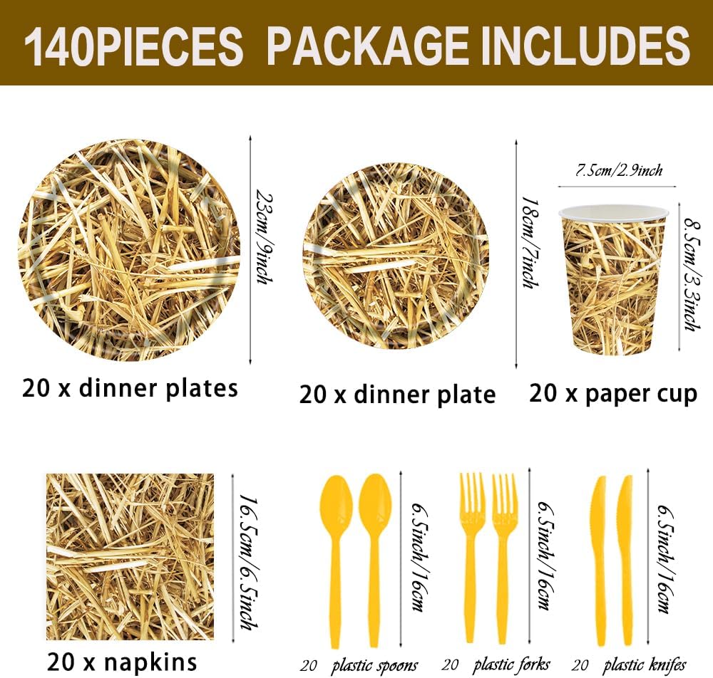 140 Pcs Straw Party Decorations Western Party Decorations Disposable Tableware Set Plates Napkins Cups Serves 20