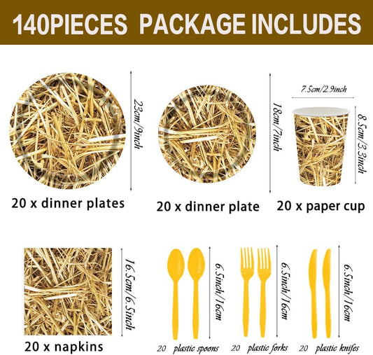140 Pcs Straw Party Decorations Western Party Decorations Disposable Tableware Set Plates Napkins Cups Serves 20