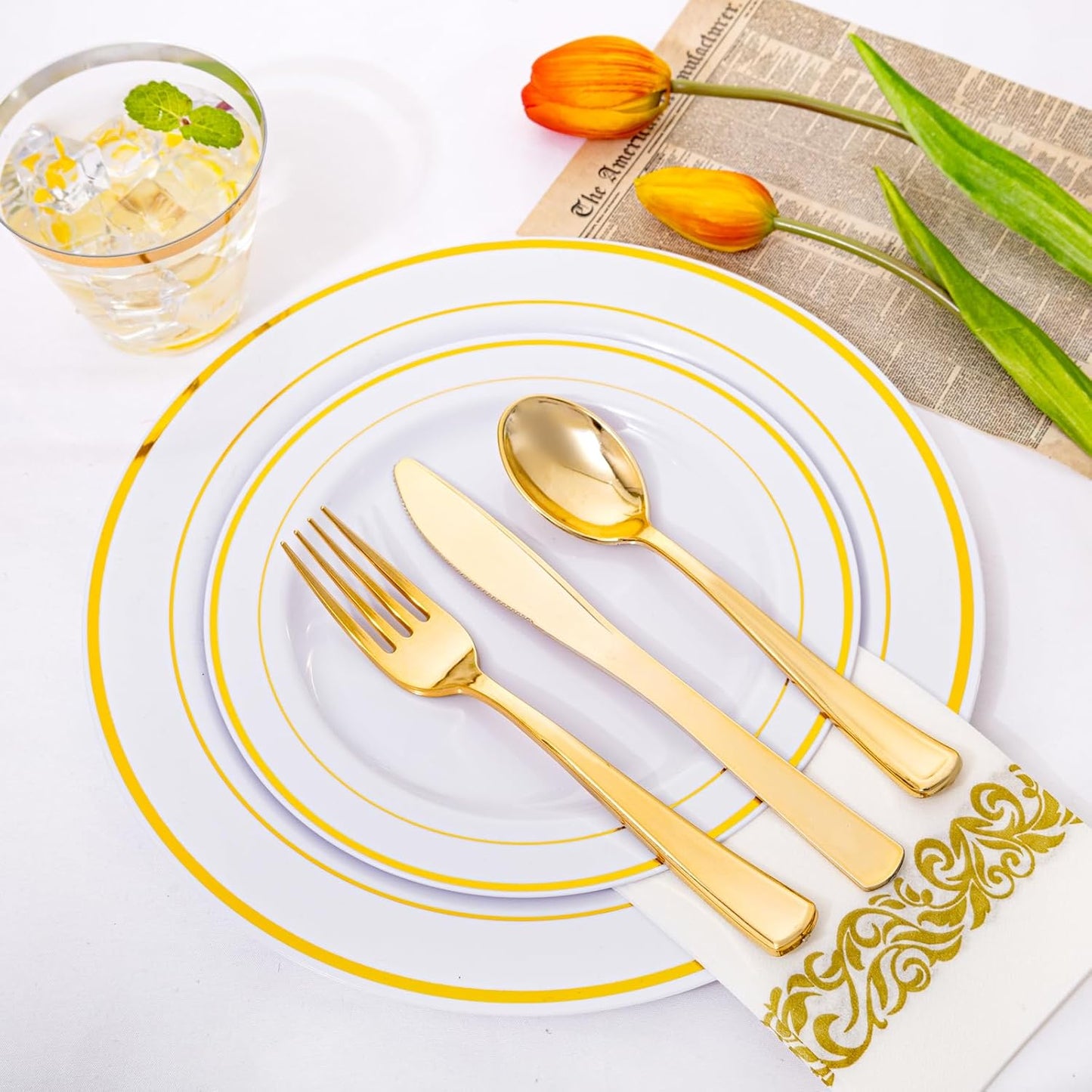 175 Pcs Gold Dinnerware Set, Plastic Plates Disposable for 25 Guests Include:25 Rim Dinner Plate, 25 Dessert Plate, 25 Paper Napkins, 25 Cups, 25 Gold Silverware Set Perfect for Party