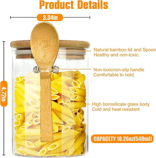 4-Pack 18.2 oz Overnight Oats Containers with Lids,Sealed Borosilicate Glass Jars with Bamboo Lid and Spoon,Clear Food Storage Jar for Kitchen,Candy, Spices, Coffee Beans,Cookies, Salad,Oats, Flour