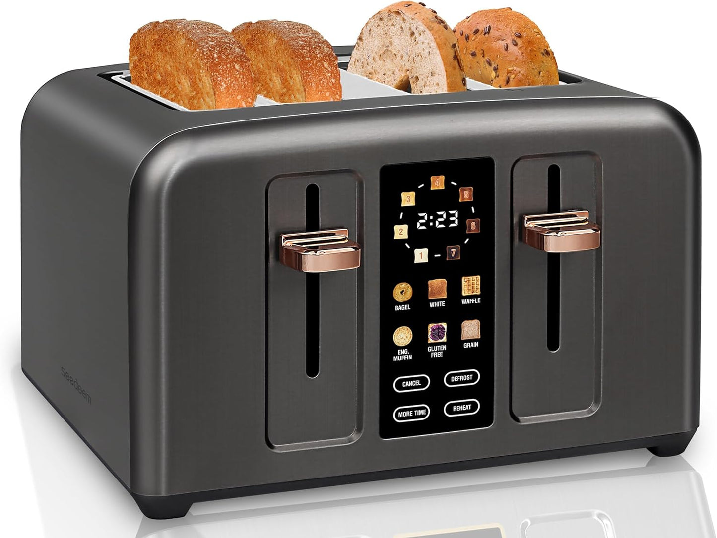 SEEDEEM Toaster 4 Slice, Full Touch control Toaster, LCD Display, 6 Bread Type, 7 Shade Settings, 1.4''Wide Slots，More Time Function, Removable Crumb Tray, 1800W, Dark Metallic