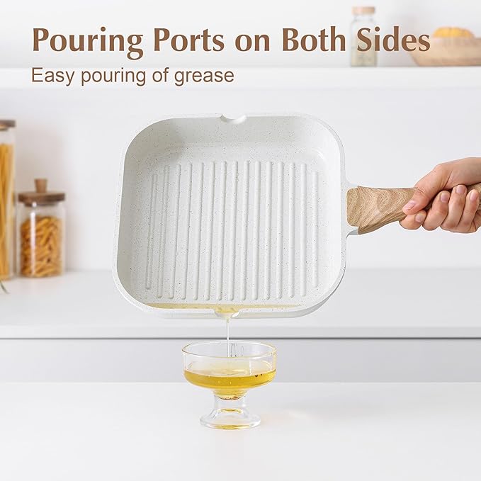 SENSARTE Nonstick Ceramic Grill Pan for Stove Tops, Versatile Square Grilling Pan with Pour Spouts, Durable Grill Skillet for All Stoves(Gas,Electric,Induction) Non Toxic-PTFE,PFAS,PFOA Free, 9.5Inch