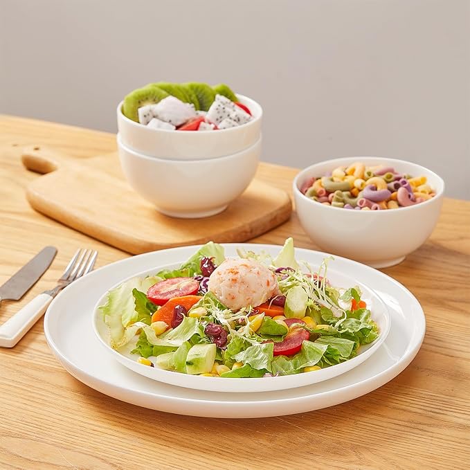 AntoKueh White Ceramic Plates Set of 6, 8.2 Inch Round Porcelain Salad Plate, 6-piece dishes with shallow Edge for Appetizer, Steak, Dishwasher/Microwave safe