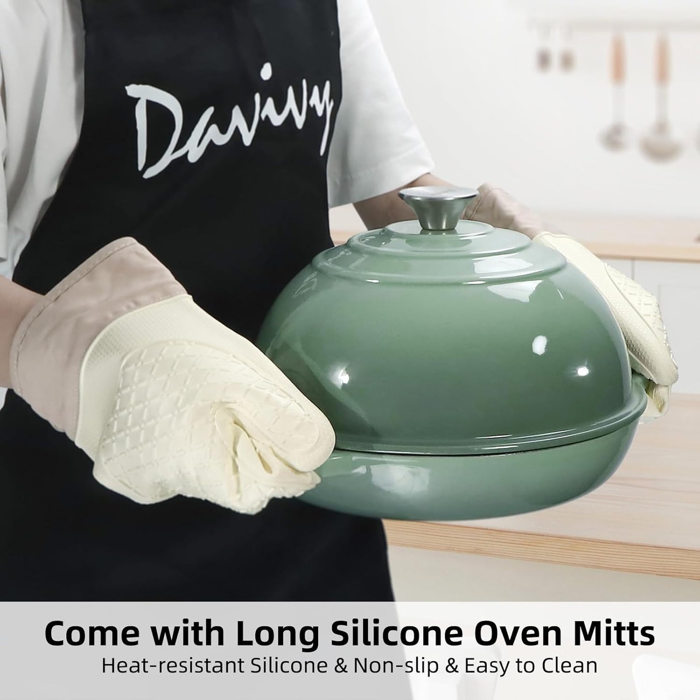 Davivy 5.5QT Sourdough Dutch Oven with Lid, 10" Round Cast Iron Bread Pan with Lid, Enameled Bread Baking Cloche, Dutch Oven for Sourdough Bread Baking, with Silicone Oven Mitts - Sea Salt Green