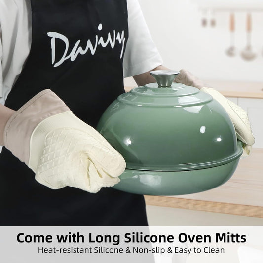 Davivy 5.5QT Sourdough Dutch Oven with Lid, 10" Round Cast Iron Bread Pan with Lid, Enameled Bread Baking Cloche, Dutch Oven for Sourdough Bread Baking, with Silicone Oven Mitts - Sea Salt Green