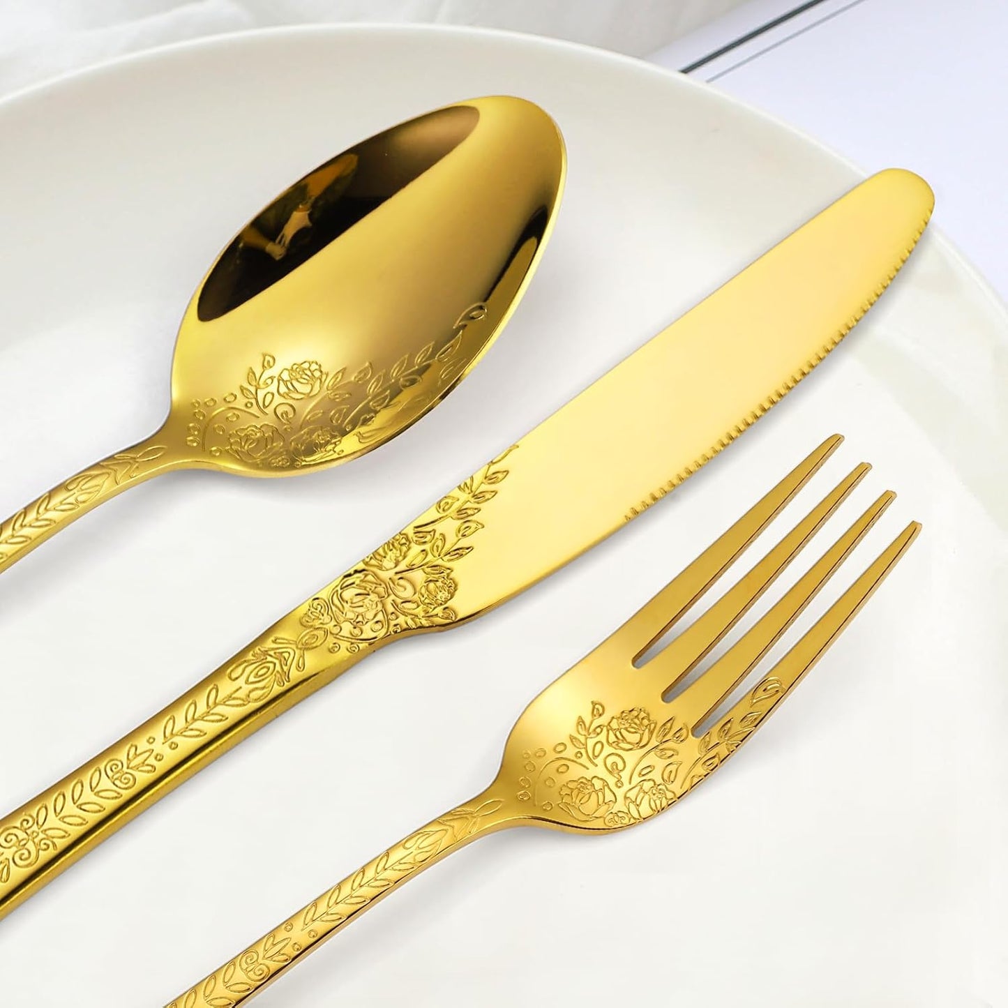 A·HOUSEWARE Gold Flatware Floral Set Stainless Steel Silverware 30 Piece Forks Spoon Knives Cutlery for 6 Kitchen Utensil Vintage Embossed Handle Durable Festival Parties Everyday Use