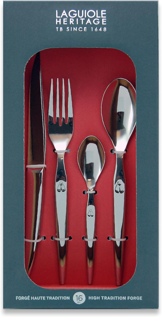 Laguiole Heritage Dinnerware Set; Luxury French Flatware in Premium Stainless Steel; Features Knives, Forks, Spoons with Ergonomic Handles; Dishwasher Safe; 4 Person Sets; Silver, 16-Piece